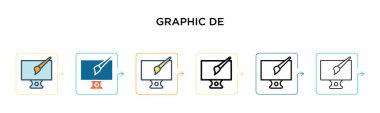 Grafik tasarımcı vektör simgesi 6 farklı modern stilde. Siyah, iki renkli grafik tasarımcı ikonu doldurulmuş, ana hatları çizilmiş, çizgi ve vuruş stiliyle tasarlanmış. Vektör illüstrasyonu ağ için kullanılabilir, 
