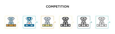 Altı farklı modern stilde rekabet vektör simgesi. Siyah, doldurulmuş, ana hatları çizilmiş, çizgi ve vuruş stiliyle dizayn edilmiş iki renkli yarışma ikonu. Vektör illüstrasyonu ağ, mobil, ui için kullanılabilir