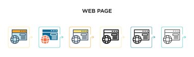 6 farklı modern stilde web sayfası vektör simgesi. Siyah, iki renkli web sayfası simgesi doldurulmuş, ana hatları çizilmiş, çizgi ve vuruş stiliyle tasarlanmış. Vektör illüstrasyonu ağ, mobil, ui için kullanılabilir