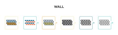 Duvar vektör simgesi 6 farklı modern stilde. Siyah, iki renkli duvar simgesi. Doldurulmuş, ana hatları çizilmiş, çizgi ve çizgi şeklinde dizayn edilmiş. Vektör illüstrasyonu ağ, mobil, ui için kullanılabilir
