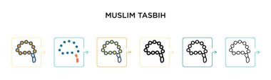 6 farklı modern stilde Müslüman tasbih vektör simgesi. Siyah, iki renkli Müslüman tasbih simgesi doldurulmuş, ana hatları çizilmiş, çizgi ve vuruş stiliyle dizayn edilmiş. Vektör illüstrasyonu ağ, mobil, ui için kullanılabilir