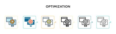 6 farklı modern stilde optimizasyon vektör simgesi. Siyah, iki renkli optimizasyon simgesi doldurulmuş, ana hatları çizilmiş, çizgi ve vuruş stiliyle tasarlanmış. Vektör illüstrasyonu ağ, mobil, ui için kullanılabilir