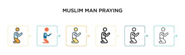Müslüman adam 6 farklı modern stilde vektör ikonu dua ediyor. Siyahi, iki siyahi Müslüman adam dua eden ikonlar doldurulmuş, ana hatları çizilmiş, çizgi ve vuruş stiliyle dizayn edilmiş. Vektör illüstrasyonu ağ için kullanılabilir, 