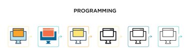 6 farklı modern stilde vektör simgesi programlanıyor. Siyah, iki renkli programlama simgesi doldurulmuş, ana hatları çizilmiş, çizgi ve vuruş stiliyle tasarlanmış. Vektör illüstrasyonu ağ, mobil, ui için kullanılabilir