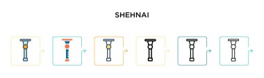 Shehnai vektör simgesi 6 farklı modern stilde. Siyah, iki renkli shehnai simgesi doldurulmuş, ana hatları çizilmiş, çizgi ve vuruş stiliyle tasarlanmış. Vektör illüstrasyonu ağ, mobil, ui için kullanılabilir