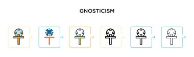 Gnostisizm vektör simgesi 6 farklı modern stilde. Siyah, iki renkli gnostisizm simgesi doldurulmuş, ana hatları çizilmiş, çizgi ve vuruş stiliyle dizayn edilmiş. Vektör illüstrasyonu ağ, mobil, ui için kullanılabilir