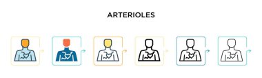 6 farklı modern stilde arteriol vektör ikonu. Siyah, iki renkli arteriol simgesi doldurulmuş, ana hatları çizilmiş, çizgi ve vuruş stiliyle dizayn edilmiş. Vektör illüstrasyonu ağ, mobil, ui için kullanılabilir