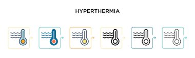 6 farklı modern stilde hipertermi vektör ikonu. Siyah, iki renkli hipertermi simgesi doldurulmuş, ana hatları çizilmiş, çizgi ve vuruş stiliyle dizayn edilmiş. Vektör illüstrasyonu ağ, mobil, ui için kullanılabilir