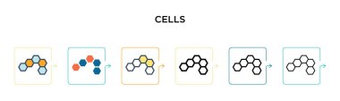 Hücre vektör simgesi 6 farklı modern stilde. Siyah, iki renkli hücre ikonu doldurulmuş, ana hatları çizilmiş, çizgi ve vuruş stiliyle dizayn edilmiş. Vektör illüstrasyonu ağ, mobil, ui için kullanılabilir