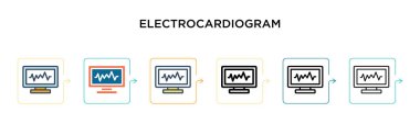 Elektrokardiyogram vektör ikonu 6 farklı modern stilde. Siyah, iki renkli elektrokardiyogram ikonu doldurulmuş, ana hatları çizilmiş ve vuruş stiliyle tasarlanmış. Vektör illüstrasyonu ağ için kullanılabilir, 