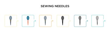 6 farklı modern stilde iğne dikme vektör simgesi. Siyah, iki renkli dikiş iğnesi ikonu doldurulmuş, ana hatları çizilmiş, çizgi ve vuruş stiliyle dizayn edilmiş. Vektör illüstrasyonu ağ, mobil, ui için kullanılabilir