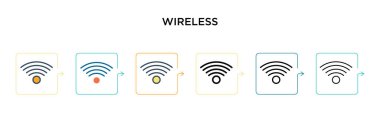 6 farklı modern stilde kablosuz sinyal vektör simgesi. Siyah, iki renkli kablosuz sinyal simgesi doldurulmuş, ana hatlar, çizgi ve vuruş stili olarak dizayn edilmiş. Vektör illüstrasyonu ağ ve mobil için kullanılabilir, 