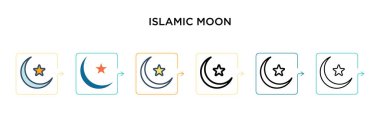 İslam uydusu vektör simgesi 6 farklı modern stilde. Siyah, doldurulmuş, ana hatları çizilmiş, çizgi ve vuruş stiliyle dizayn edilmiş iki renkli İslami ay simgesi. Vektör illüstrasyonu ağ, mobil, ui için kullanılabilir