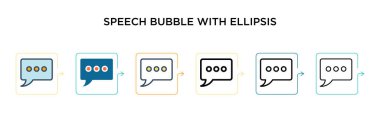 6 farklı modern stilde elips vektör ikonuna sahip konuşma balonu. Siyah, iki renkli konuşma balonu, elips simgeleri ile doldurulmuş, ana hatları çizilmiş, çizgi ve çizgi şeklinde dizayn edilmiş. Vektör illüstrasyonu 