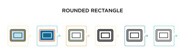 Yuvarlak dikdörtgen vektör simgesi, 6 farklı modern stilde. Siyah, iki renkli yuvarlak dikdörtgen ikonu. Doldurulmuş, ana hatları çizilmiş, çizgi ve vuruş stiliyle tasarlanmış. Vektör illüstrasyonu ağ için kullanılabilir, 