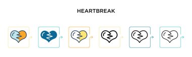 6 farklı modern stilde yürek burkan vektör simgesi. Siyah, doldurulmuş, ana hatları çizilmiş, çizgi ve vuruş stiliyle dizayn edilmiş iki renkli kalp kırıklığı simgesi. Vektör illüstrasyonu ağ, mobil, ui için kullanılabilir