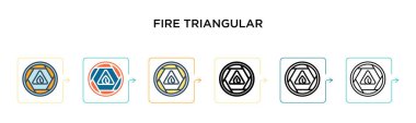 6 farklı modern stilde üçgen sinyal vektör simgesini ateşle. Siyah, iki renkli ateş üçgensel sinyal simgesi doldurulmuş, ana hatları çizilmiş ve vuruş stiliyle dizayn edilmiş. Vektör illüstrasyonu kullanılabilir