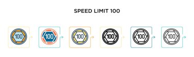 Hız limiti 6 farklı modern stilde 100 vektör simgesi. Siyah, iki renkli hız limiti 100 simge doldurulmuş, ana hatlı, çizgi ve vuruş tarzında dizayn edilmiş. Vektör illüstrasyonu ağ ve mobil için kullanılabilir, 