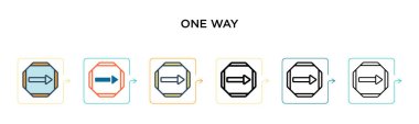 6 farklı modern stilde tek yönlü vektör simgesi. Siyah, tek yönlü iki renkli simge. Doldurulmuş, ana hatları çizilmiş, çizgi ve vuruş stili. Vektör illüstrasyonu ağ, mobil, ui için kullanılabilir