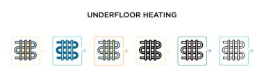 Yeraltı ısıtma vektör simgesi 6 farklı modern stilde. Siyah, iki renkli yeraltı ısıtma ikonu doldurulmuş, ana hatları çizilmiş, çizgi ve vuruş stiliyle tasarlanmış. Vektör illüstrasyonu ağ için kullanılabilir, 
