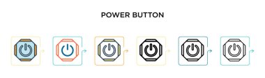 Güç düğmesi vektör simgesi 6 farklı modern stilde. Siyah, doldurulmuş, ana hatları çizilmiş, çizgi ve vuruş stiliyle tasarlanmış iki renkli güç simgesi. Vektör illüstrasyonu ağ, mobil, ui için kullanılabilir