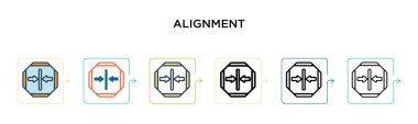 Hizalama vektör simgesi 6 farklı modern stilde. Siyah, doldurulmuş, ana hatları çizilmiş, çizgi ve vuruş stiliyle dizayn edilmiş iki renkli dizilim simgesi. Vektör illüstrasyonu ağ, mobil, ui için kullanılabilir
