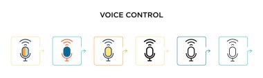 6 farklı modern stilde ses kontrol vektör simgesi. Siyah, iki renkli ses kontrol simgesi doldurulmuş, ana hatları çizilmiş, çizgi ve vuruş stiliyle tasarlanmış. Vektör illüstrasyonu ağ, mobil, ui için kullanılabilir