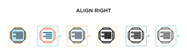 Sağ vektör simgesini 6 farklı modern stilde hizala. Siyah, iki renkli doğru simge doldurulmuş, ana hatları çizilmiş, çizgi ve vuruş stiliyle dizayn edilmiş. Vektör illüstrasyonu ağ, mobil, ui için kullanılabilir