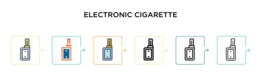 Elektronik sigara vektör ikonu, 6 farklı modern tarzda. Siyah, iki renkli elektronik sigara ikonu, doldurulmuş, ana hatları çizilmiş, çizgi ve vuruş stiliyle dizayn edilmiş. Vektör illüstrasyonu kullanılabilir 