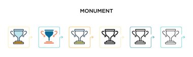 6 farklı modern stilde anıt vektör simgesi. Siyah, iki renkli anıt simgesi doldurulmuş, ana hatları çizilmiş, çizgi ve vuruş stiliyle dizayn edilmiş. Vektör illüstrasyonu ağ, mobil, ui için kullanılabilir