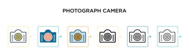 Fotoğraf makinesi vektör ikonu 6 farklı modern stilde. Siyah, iki renkli fotoğraf makinesi ikonu. Doldurulmuş, ana hatları çizilmiş, çizgi ve çizgi şeklinde dizayn edilmiş. Vektör illüstrasyonu ağ için kullanılabilir, 