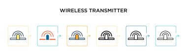 6 farklı modern stilde kablosuz verici vektör simgesi. Siyah, iki renkli kablosuz verici simgesi doldurulmuş, ana hatlı, çizgi ve vuruş stiliyle tasarlanmış. Vektör illüstrasyonu kullanılabilir 
