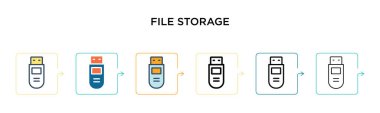 Dosya depolama vektör simgesi 6 farklı modern stilde. Siyah, iki renkli dosya saklama simgesi doldurulmuş, ana hatları çizilmiş, çizgi ve vuruş stiliyle tasarlanmış. Vektör illüstrasyonu ağ, mobil, ui için kullanılabilir