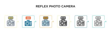 Altı farklı modern stilde refleks fotoğraf makinesi vektör ikonu. Siyah, iki renkli fotoğraf makinesi ikonu doldurulmuş, ana hatları çizilmiş, çizgi ve vuruş stiliyle tasarlanmış. Vektör illüstrasyonu ağ için kullanılabilir, 
