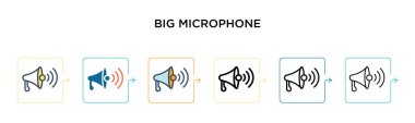 6 farklı modern tarzda büyük mikrofon vektör ikonu. Siyah, doldurulmuş, ana hatları çizilmiş, çizgi ve vuruş stiliyle dizayn edilmiş iki büyük mikrofon simgesi. Vektör illüstrasyonu ağ, mobil, ui için kullanılabilir