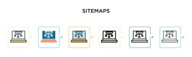 Sitemaps vektör simgesi 6 farklı modern stilde. Siyah, iki renkli sitemaps simgesi doldurulmuş, ana hatları çizilmiş, çizgi ve vuruş stiliyle dizayn edilmiş. Vektör illüstrasyonu ağ, mobil, ui için kullanılabilir