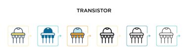 Transistör vektör simgesi 6 farklı modern stilde. Siyah, iki renkli transistör simgesi doldurulmuş, ana hatları çizilmiş, çizgi ve vuruş stiliyle dizayn edilmiş. Vektör illüstrasyonu ağ, mobil, ui için kullanılabilir