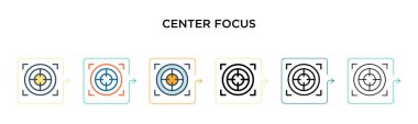 Orta odak vektör simgesi 6 farklı modern stilde. Siyah, iki renkli odak simgesi doldurulmuş, ana hatları çizilmiş, çizgi ve vuruş stiliyle dizayn edilmiş. Vektör illüstrasyonu ağ, mobil, ui için kullanılabilir
