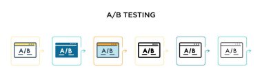 A / b vektör simgesi 6 farklı modern stilde test edilir. Siyah, doldurulmuş, ana hatları çizilmiş, çizgi ve vuruş stiliyle dizayn edilmiş iki renkli A/ B test simgesi. Vektör illüstrasyonu ağ, mobil, ui için kullanılabilir