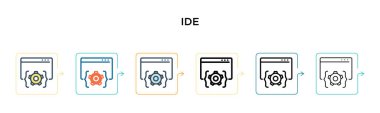 Ide vektör simgesi 6 farklı modern stilde. Siyah, doldurulmuş, ana hatları çizilmiş, çizgi ve vuruş stiliyle dizayn edilmiş iki renkli ideoloji simgesi. Vektör illüstrasyonu ağ, mobil, ui için kullanılabilir