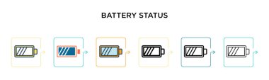 Batarya durum vektör simgesi 6 farklı modern stilde. Siyah, doldurulmuş, ana hatları çizilmiş, çizgi ve vuruş tarzında iki renkli pil durumu simgesi. Vektör illüstrasyonu ağ, mobil, ui için kullanılabilir