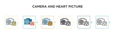 Kamera ve kalp resim vektör simgesi 6 farklı modern stilde. Siyah, iki renkli kamera ve kalp resim simgeleri doldurulmuş, ana hatları çizilmiş ve vuruş stiliyle tasarlanmış. Vektör illüstrasyonu kullanılabilir