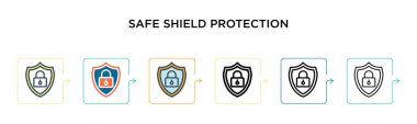 6 farklı modern stilde güvenli kalkan koruma vektör simgesi. Siyah, doldurulmuş, ana hatları çizilmiş, çizgi ve vuruş stiliyle dizayn edilmiş iki renkli kalkan koruma ikonu. Vektör illüstrasyonu kullanılabilir