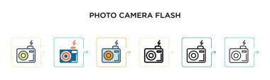 Fotoğraf makinesi flaş vektör simgesi 6 farklı modern stilde. Siyah, iki renkli fotoğraf makinesi flaş ikonu, doldurulmuş, ana hatları çizilmiş, çizgi ve vuruş stiliyle tasarlanmış. Vektör illüstrasyonu ağ için kullanılabilir, 