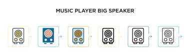 Müzik çalar büyük hoparlör vektör simgesi 6 farklı modern stilde. Siyahi, iki renkli müzik çalar büyük hoparlör simgeleri doldurulmuş, ana hatları çizilmiş, çizgi ve vuruş stiliyle dizayn edilmiş. Vektör illüstrasyonu kullanılabilir