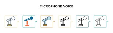 Mikrofon ses vektör simgesi 6 farklı modern stilde. Siyah, iki renkli mikrofon ses simgesi doldurulmuş, ana hatları çizilmiş, çizgi ve vuruş stiliyle tasarlanmış. Vektör illüstrasyonu ağ için kullanılabilir, 