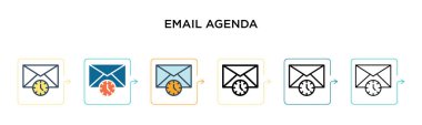 E- posta ajanda vektör simgesi 6 farklı modern stilde. Siyah, iki renkli e-posta gündem simgesi doldurulmuş, ana hatları çizilmiş, çizgi ve vuruş stiliyle tasarlanmış. Vektör illüstrasyonu ağ, mobil, ui için kullanılabilir