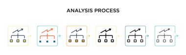 Analiz süreci vektör simgesi 6 farklı modern stilde. Siyah, iki renkli analiz süreci simgesi doldurulmuş, ana hatları çizilmiş, çizgi ve vuruş stiliyle tasarlanmış. Vektör illüstrasyonu ağ için kullanılabilir, 