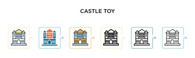 Castle oyuncak vektör simgesi 6 farklı modern stilde. Siyah, doldurulmuş, ana hatlarıyla, çizgi ve vuruş tarzıyla dizayn edilmiş iki renkli kale oyuncağı ikonu. Vektör illüstrasyonu ağ, mobil, ui için kullanılabilir