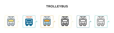 Trolleybus vektör simgesi 6 farklı modern stilde. Siyah, iki renkli troleybüs simgesi doldurulmuş, ana hatları çizilmiş, çizgi ve vuruş stiliyle tasarlanmış. Vektör illüstrasyonu ağ, mobil, ui için kullanılabilir